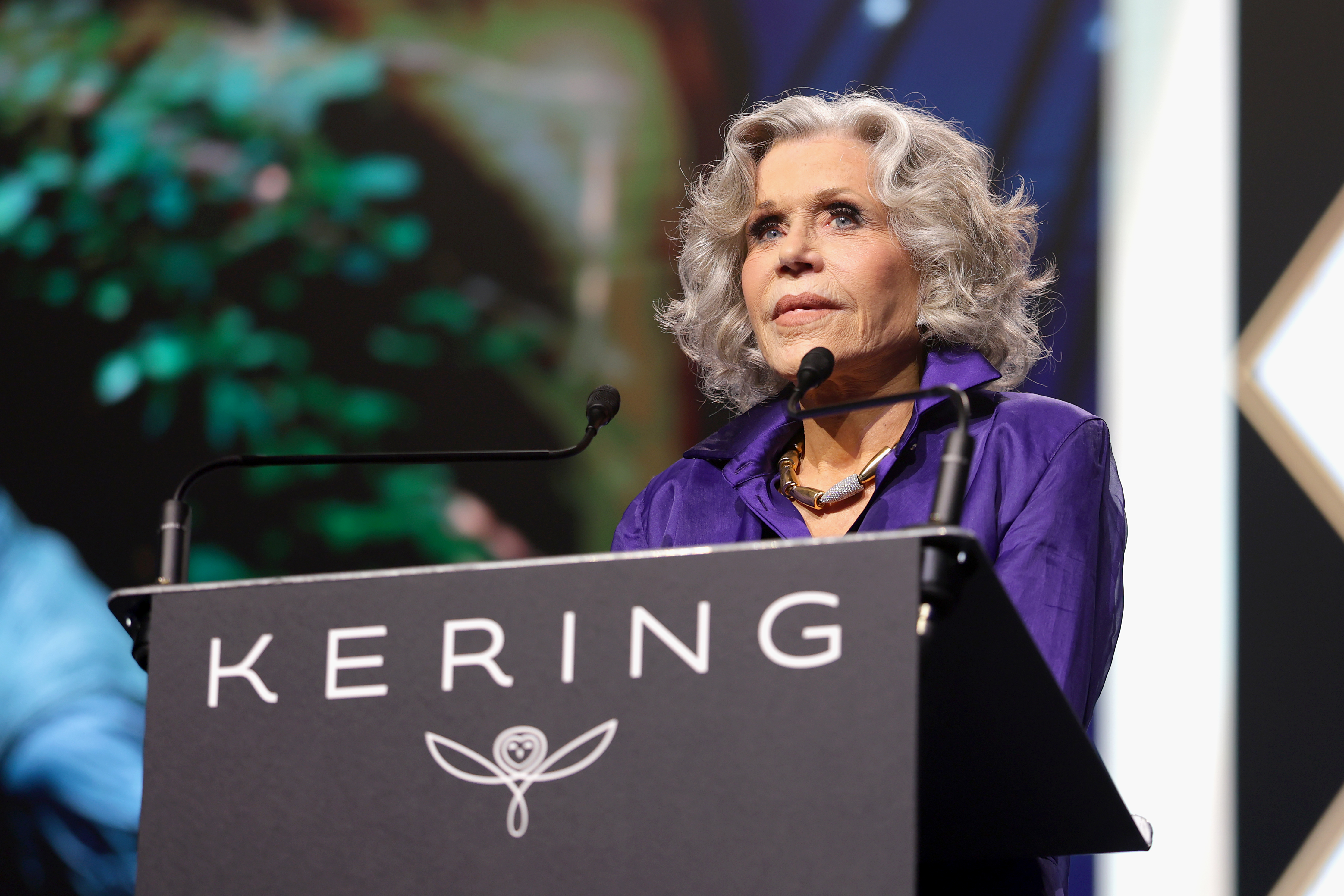 Джейн Фонда выступает на митинге в поддержку Дона Лемона