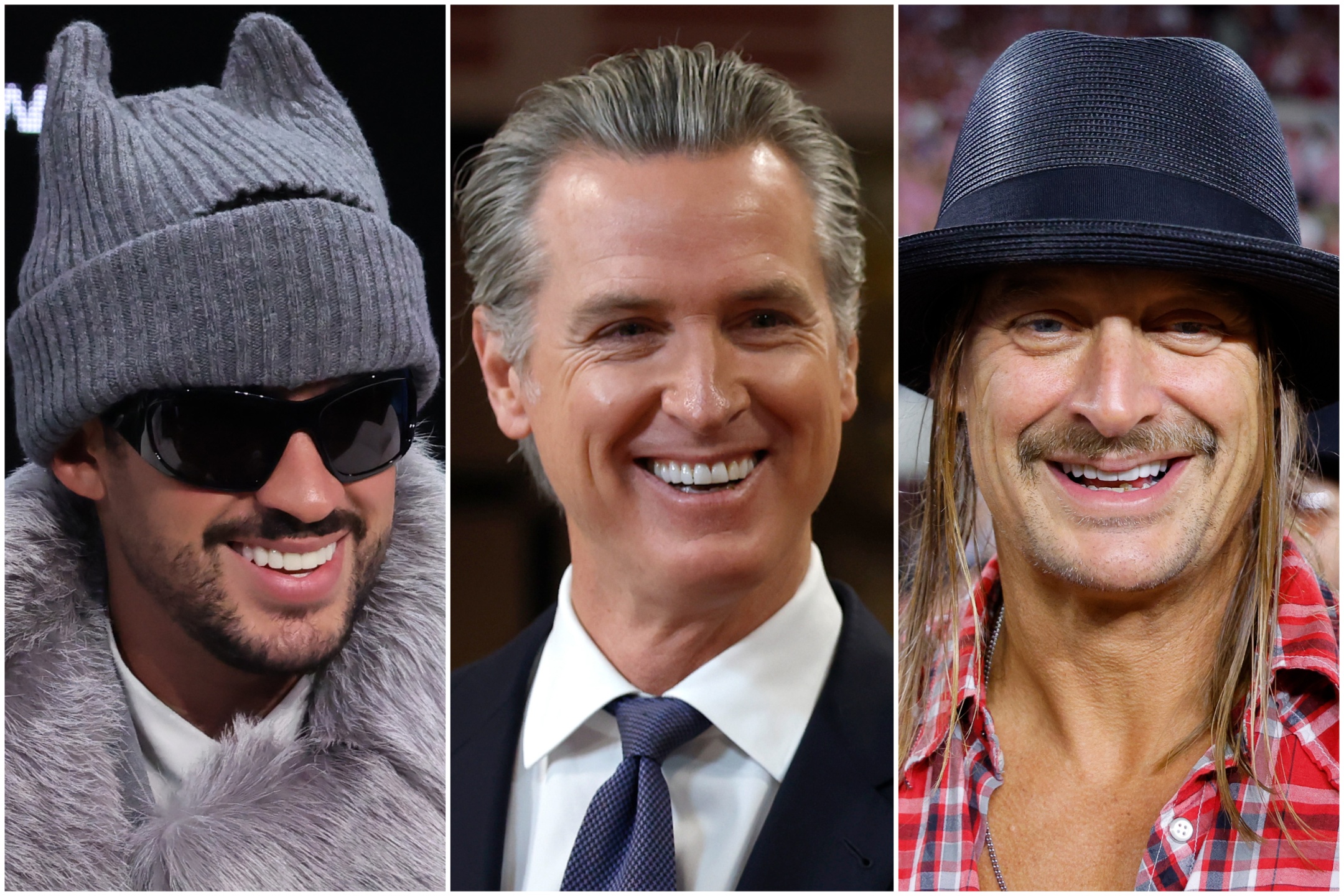 Губернатор Калифорнии Гэвин Ньюсом на фоне музыкальной сцены Бэд Банни